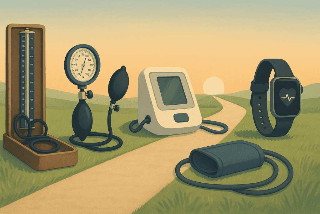Timeline illustration showing the evolution of blood pressure devices, answering what is really good blood pressure through medical technology progress.