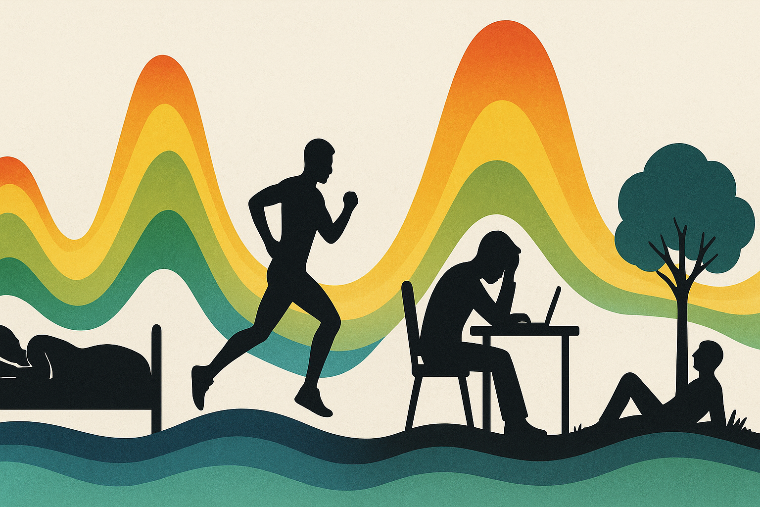 Silhouettes of people sleeping, exercising, working under stress, and relaxing outdoors with colorful waves illustrating what is really good blood pressure patterns.