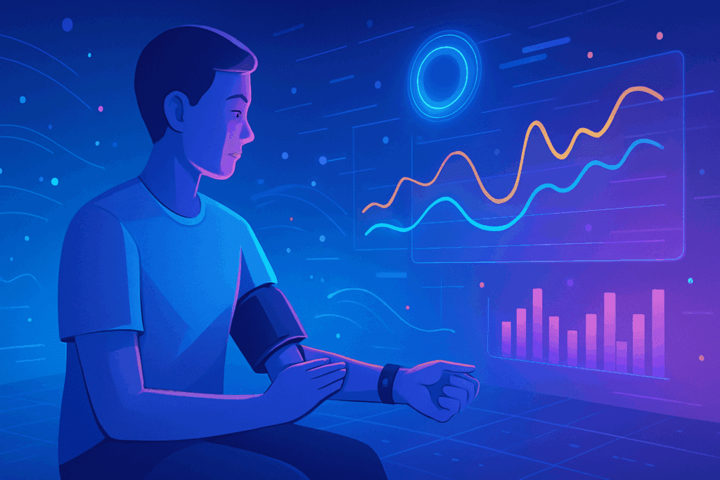 Person checking blood pressure with smart wearable in futuristic health environment with holographic graphs, illustrating what is really good blood pressure.