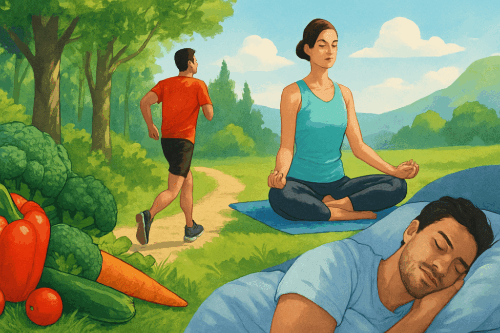 Collage showing healthy lifestyle habits for what is really good blood pressure: fresh vegetables, a runner on a forest trail, outdoor yoga, and peaceful sleep.