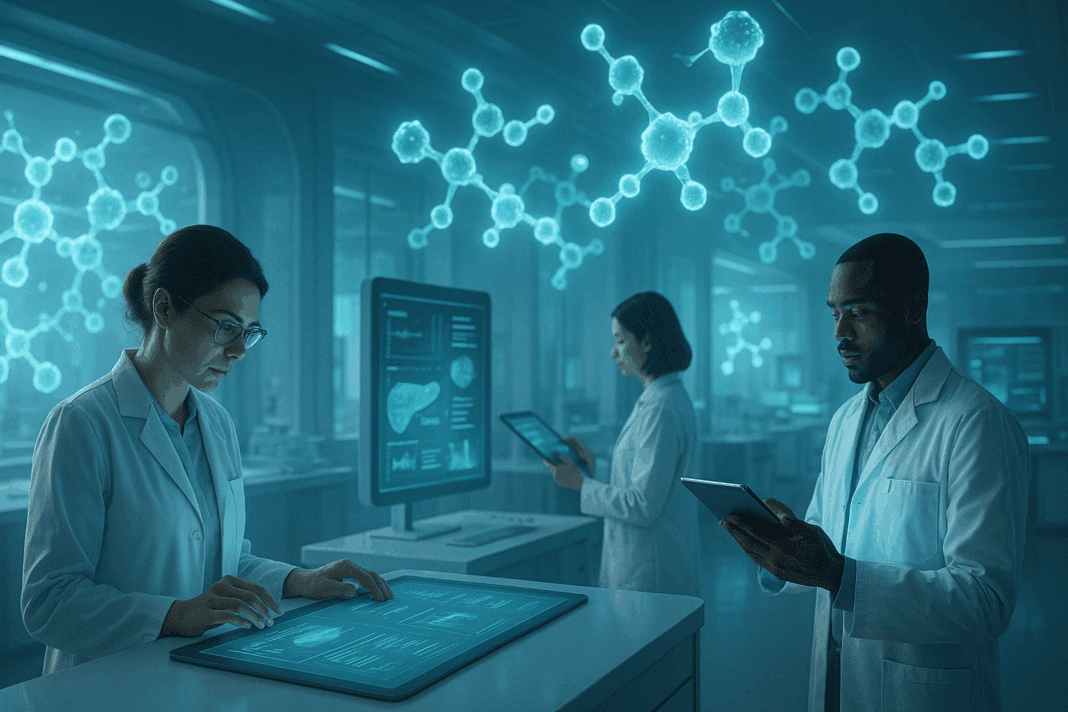 Futuristic lab with scientists analyzing Tirzepatide for Diabetes using digital tablets and glowing molecular structures in a high-tech setting