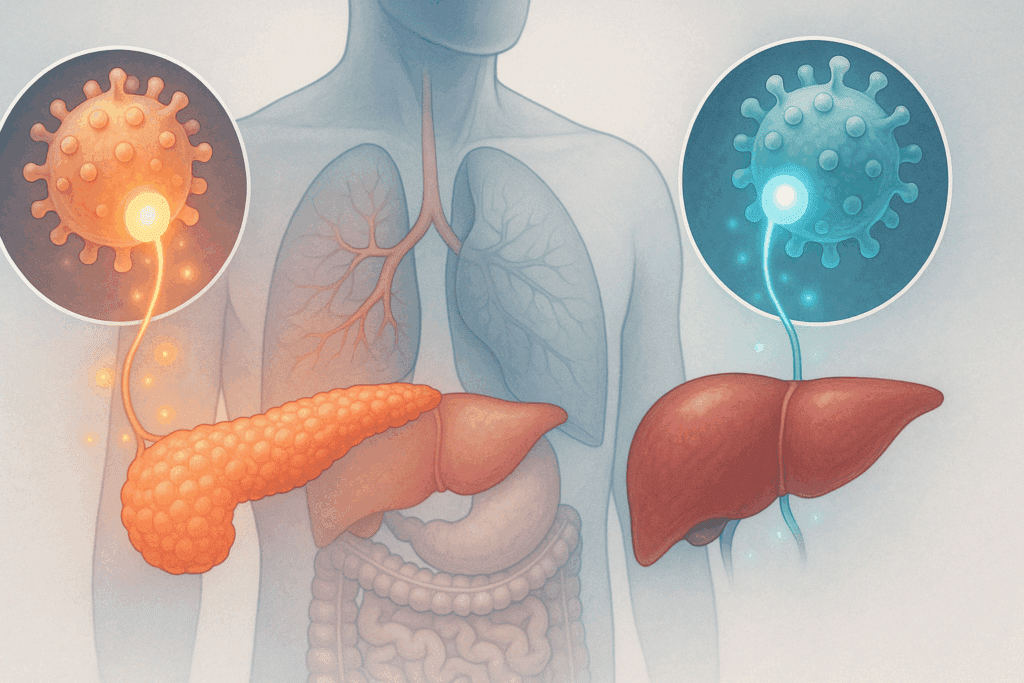 Scientific illustration showing dual hormonal pathways of Tirzepatide for Diabetes, activating pancreas and liver receptors with color-coded signals
