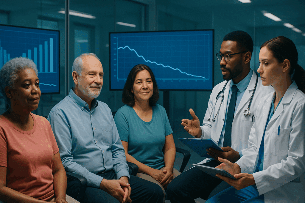 Doctors and diverse patients in a clinical trial setting with monitors displaying positive health outcomes from Tirzepatide for Diabetes.