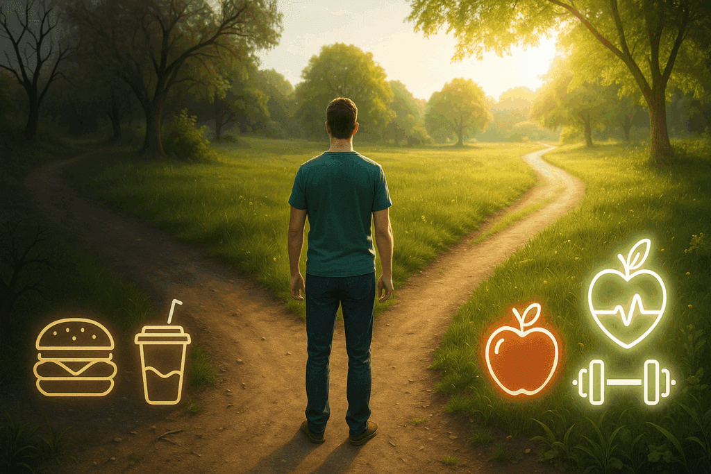 Man at a forked path symbolizing choices in managing prediabetes, with glowing icons representing Tirzepatide for Diabetes and lifestyle improvement