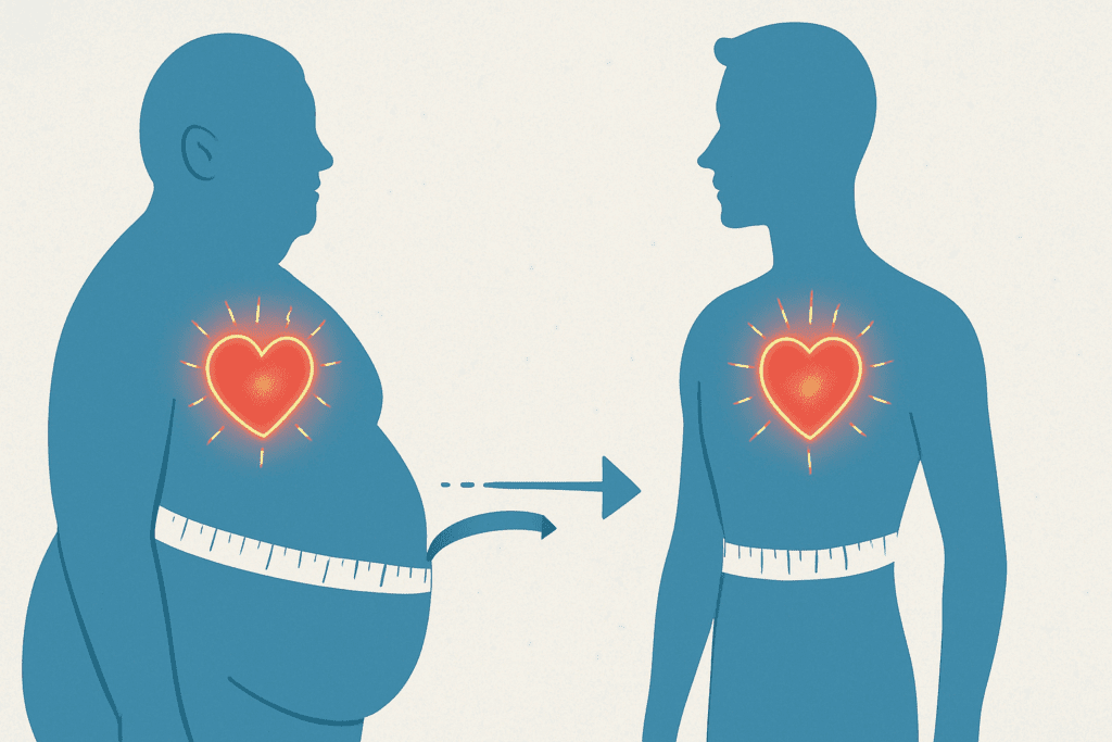 Medical illustration showing a body transformation from obesity to fitness with glowing heart, symbolizing benefits of Tirzepatide for Diabetes