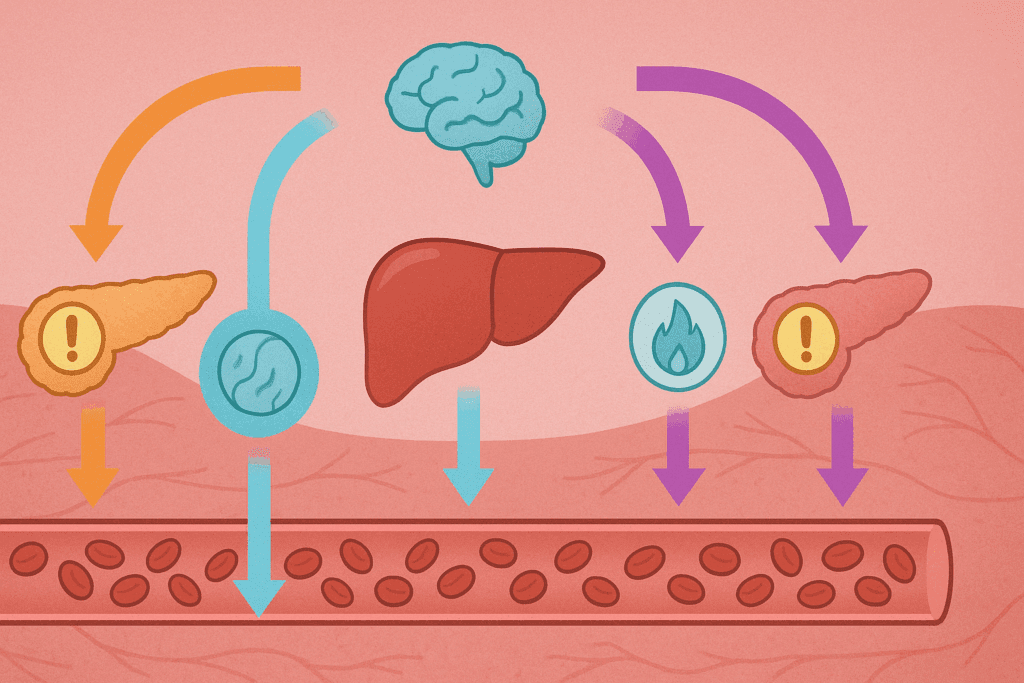 Visual diagram comparing insulin, GLP-1 agonists, and Tirzepatide for Diabetes using color-coded pathways affecting hormone signals and blood sugar regulation inside the body