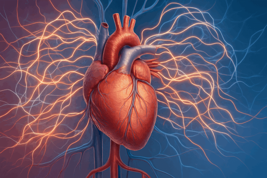Detailed illustration of a healthy human heart and vascular system with glowing neural pathways, visually explaining what regulates blood pressure.