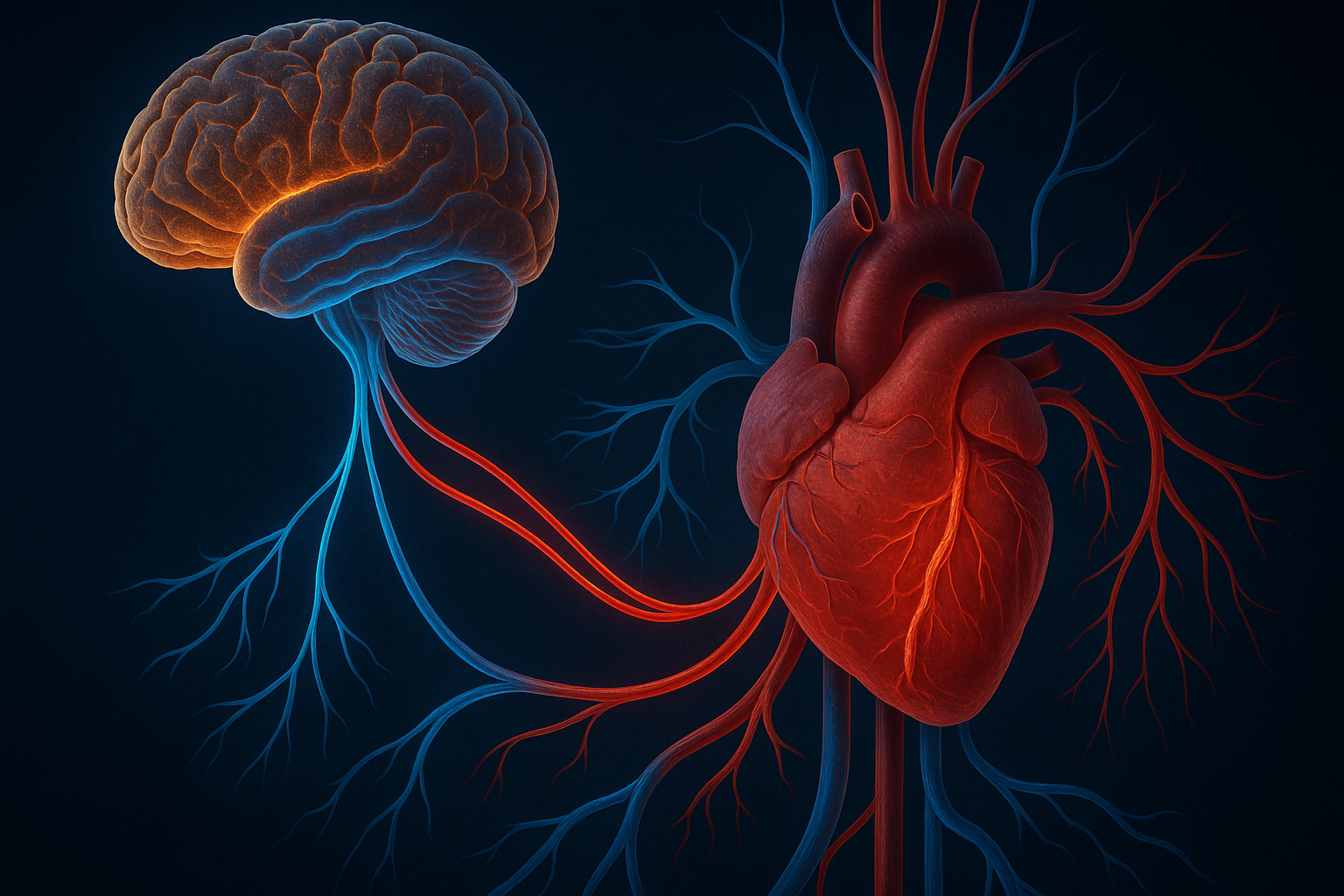 Medical illustration of the brainstem connecting to the heart through neural pathways, highlighting what regulates blood pressure via the autonomic nervous system.
