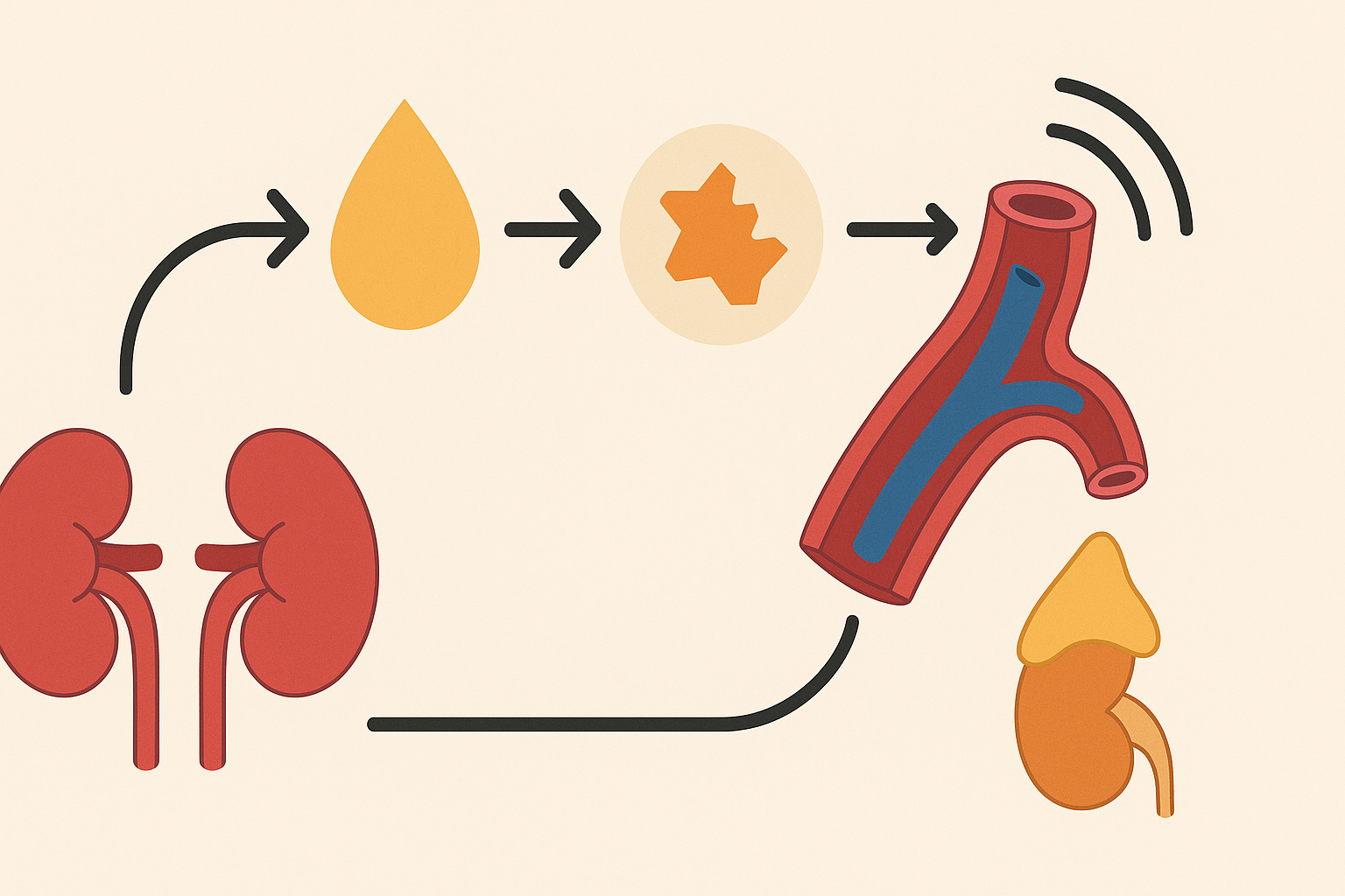 Diagram visually illustrating the renin-angiotensin-aldosterone system cascade, showing what regulates blood pressure through kidney, hormone, and blood vessel interactions.