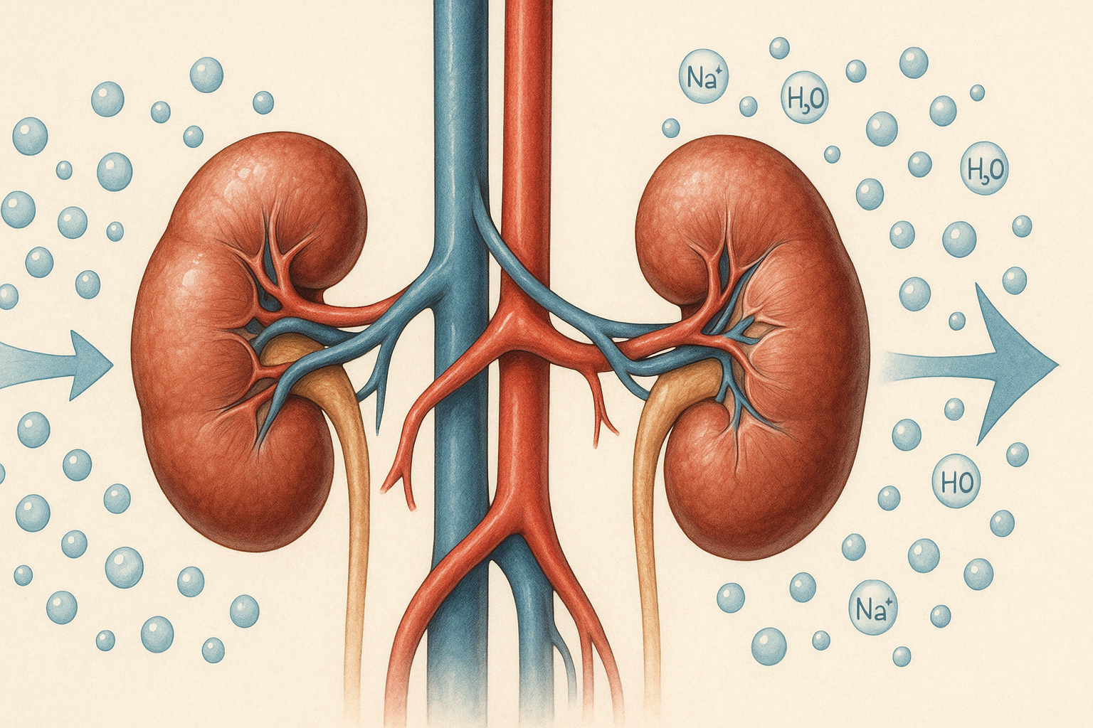 Human kidneys regulating blood volume and pressure by controlling sodium and water flow, illustrating what regulates blood pressure.