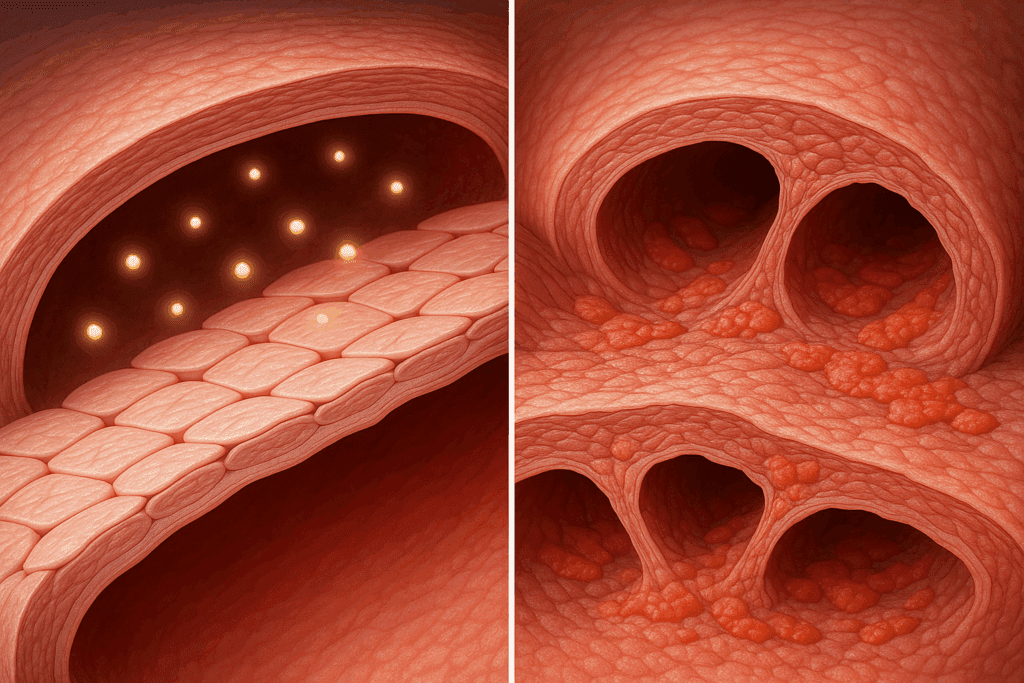 Detailed cross-section of blood vessels showing healthy endothelial cells releasing nitric oxide and damaged cells with inflammation, illustrating what regulates blood pressure.