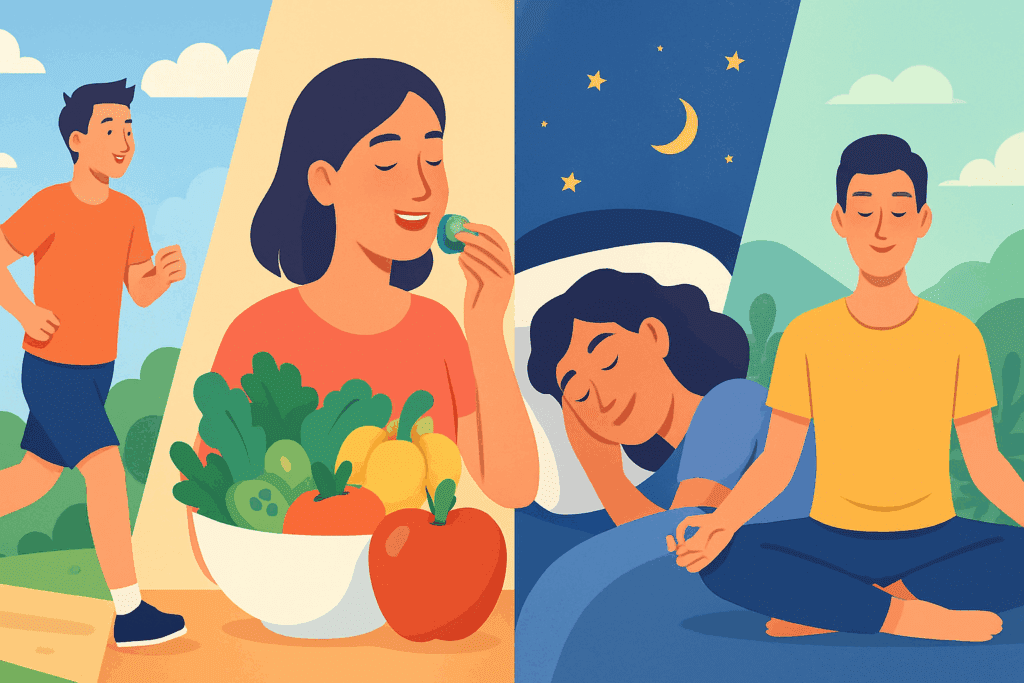 Vibrant multi-scene illustration showing healthy habits like jogging, eating fruits and vegetables, sleeping peacefully, and meditating, emphasizing what regulates blood pressure.