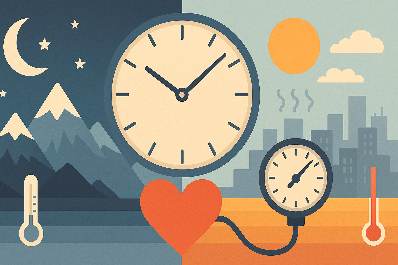 Conceptual split-scene showing day-night cycle, mountains, city smog, temperature variations, and a heart linked to a blood pressure gauge, illustrating what regulates blood pressure.
