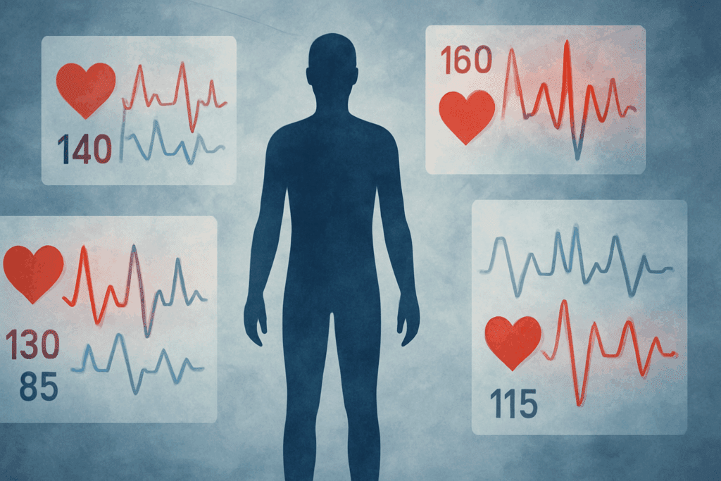 Human silhouette surrounded by fluctuating blood pressure readings in red and blue, illustrating the diagnostic challenges of labile hypertension.