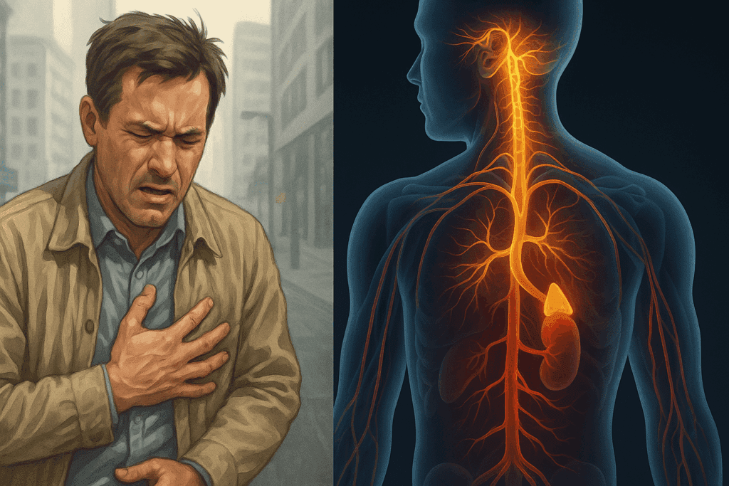 Stressed man clutching chest in city beside scientific illustration of sympathetic nervous system activation, showing connection to labile hypertension.
