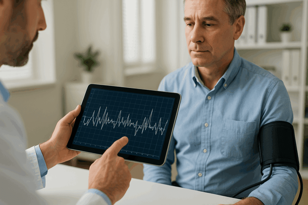 Doctor reviewing blood pressure graph on tablet while patient wears ambulatory monitor, highlighting diagnostic technology for labile hypertension.