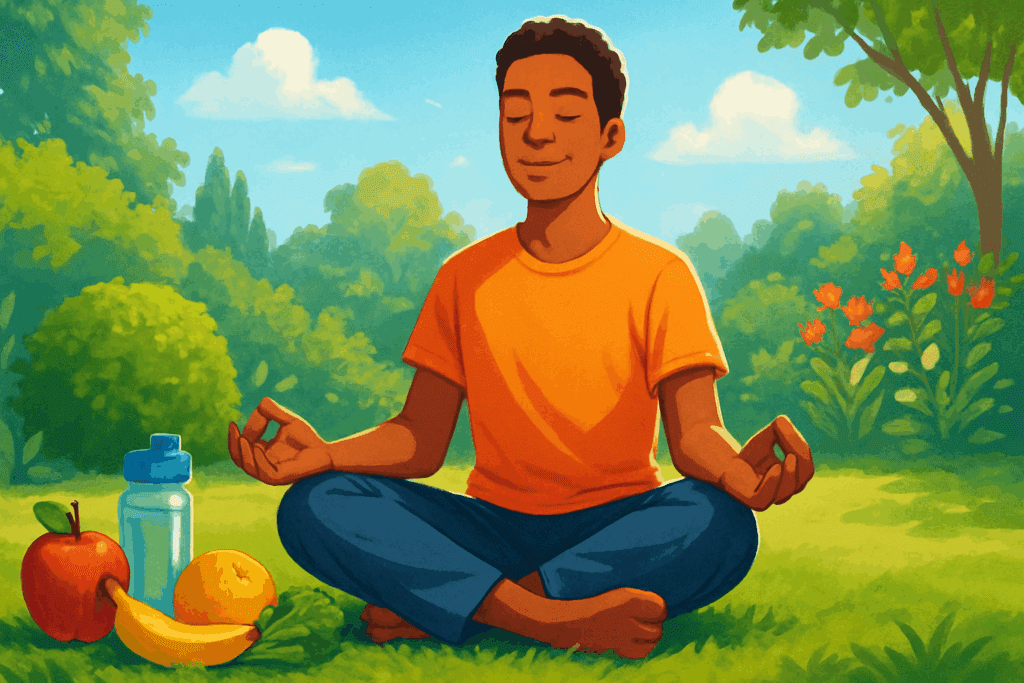 Calm person meditating in a sunny garden surrounded by fruits, vegetables, and water bottle, promoting lifestyle changes for labile hypertension.
