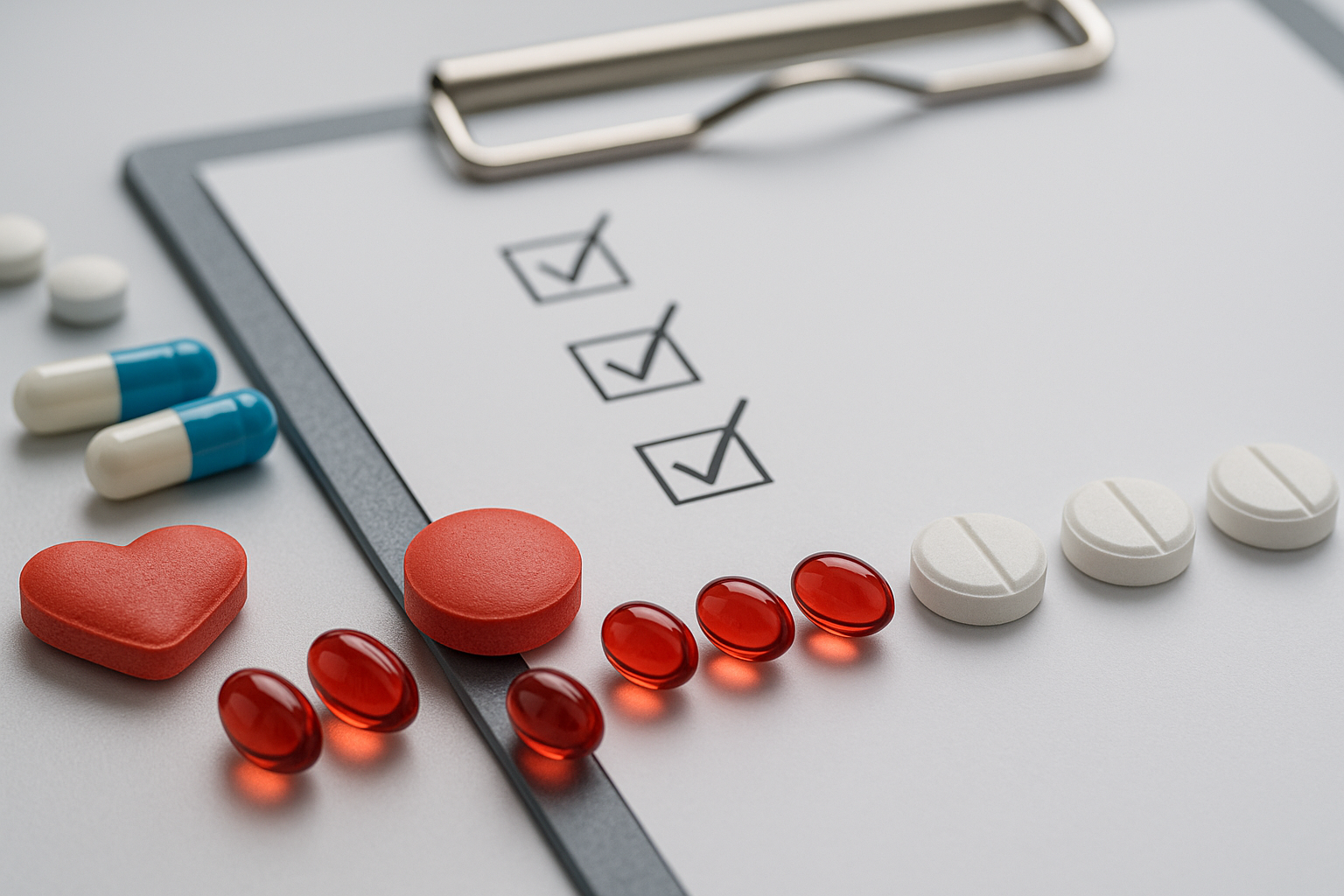 Heart medication pills arranged neatly beside a medical clipboard checklist, illustrating precision treatment strategies for labile hypertension.