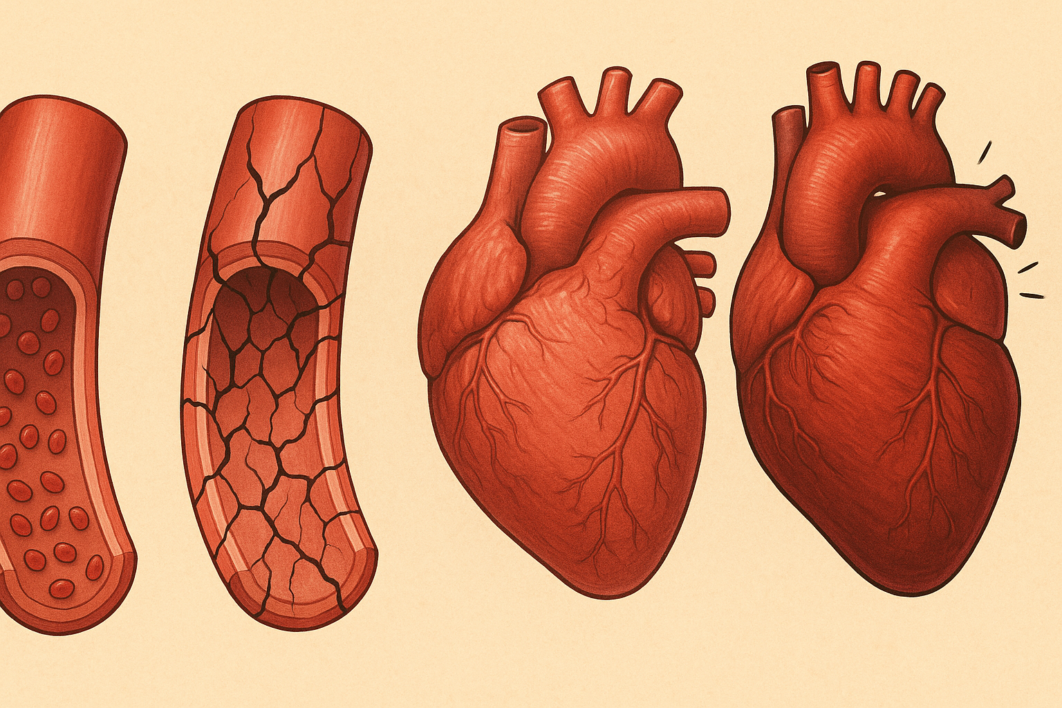 Progressive medical illustration showing healthy blood vessels deteriorating into cracked vessels, heart thickening, and heart failure due to labile hypertension.