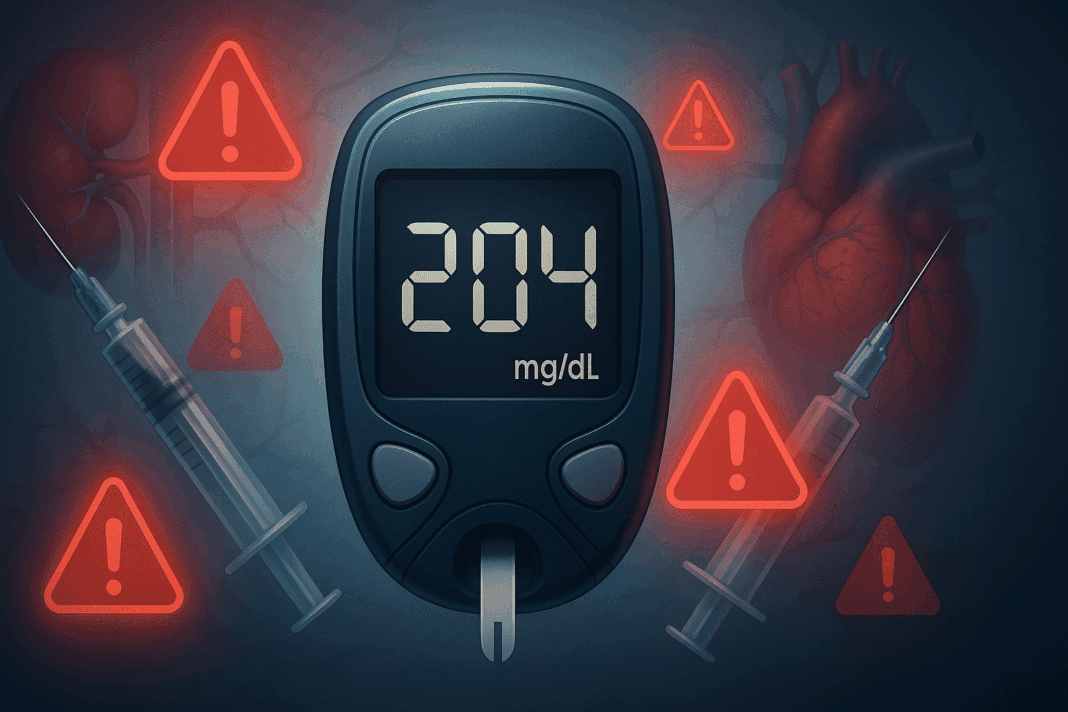 Digital glucose meter showing 204 mg/dL with red warning symbols, syringes, and faint heart and kidney overlays, illustrating when blood sugar hits 200.