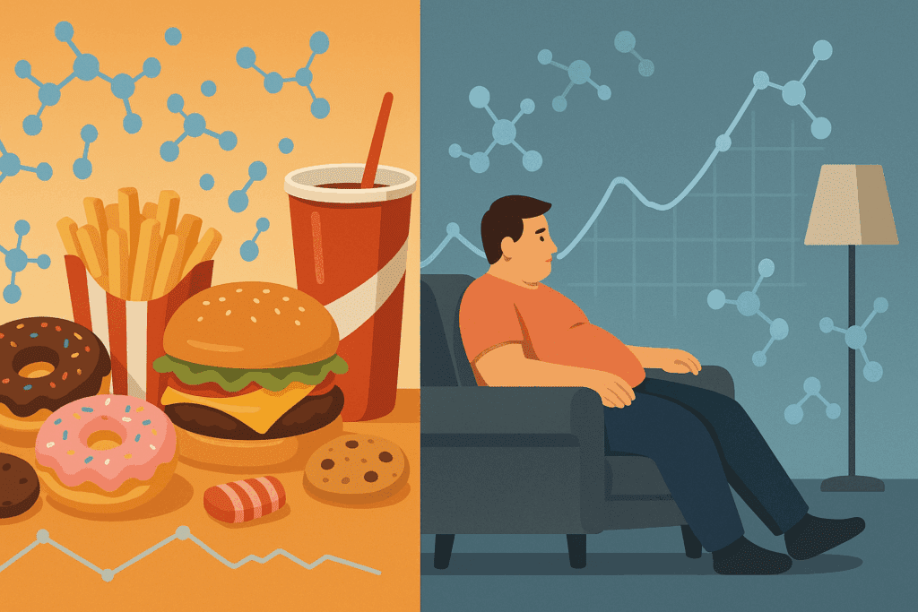 Conceptual split-scene illustrating unhealthy dietary choices, including sugary snacks, fast food, and soda, contrasted with a sedentary person on a couch. Both sides feature scientific elements like insulin molecules and rising blood glucose graphs, symbolizing the impact on health when blood sugar hits 200.