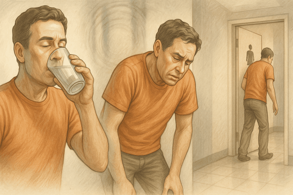 Man showing signs of hyperglycemia when blood sugar hits 200: drinking excessive water, fatigued, and heading to the restroom, with blurred vision and discomfort in the background.
