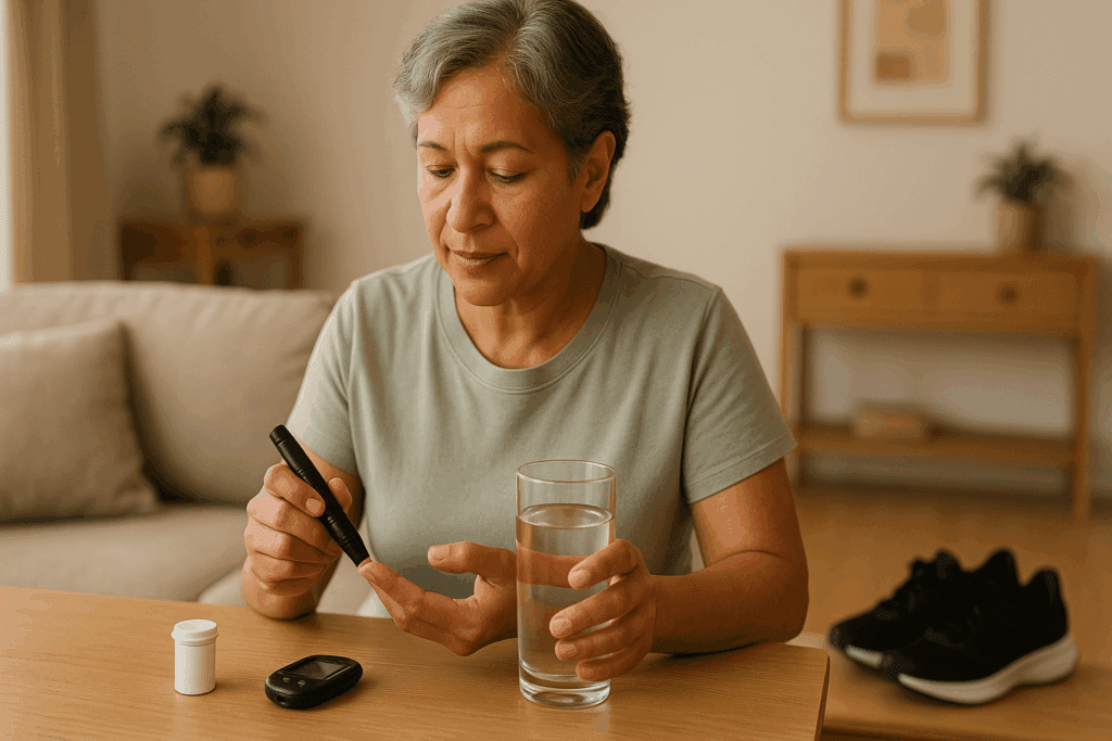 Older woman managing diabetes at home when blood sugar hits 200, calmly checking glucose levels, drinking water, and preparing for a walk.