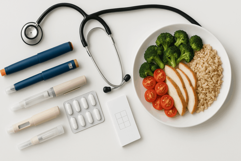 Clinical layout of diabetes tools including insulin pens, metformin pills, GLP-1 injectors, stethoscope, and healthy meal illustrating what to use when blood sugar hits 200