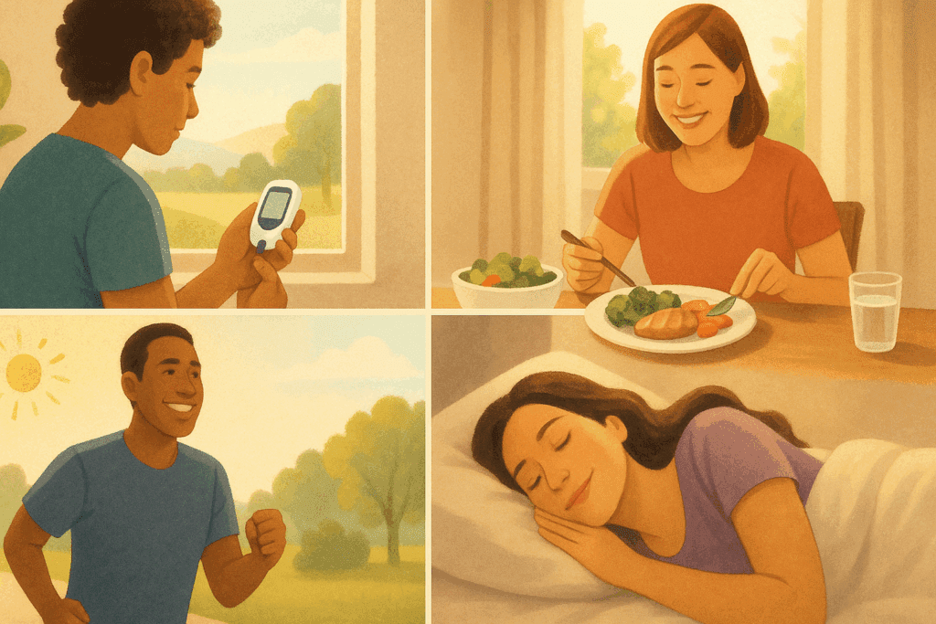 Daily prevention strategies when blood sugar hits 200: person checking glucose, preparing a healthy meal, exercising, and sleeping well.