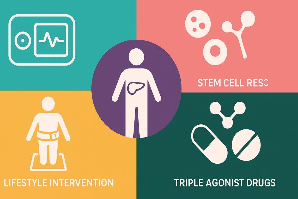 Infographic showing innovative treatments like stem cells, lifestyle changes, and medication strategies for managing type 2 diabetes when blood sugar hits 200