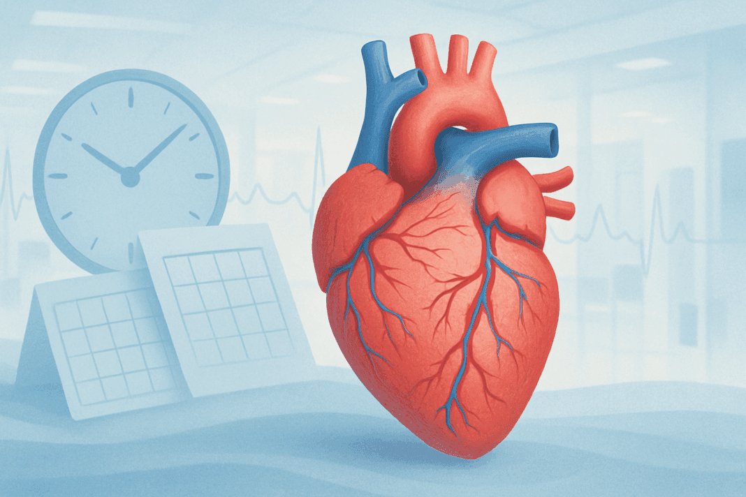 Illustration of a human heart with visible arteries and veins surrounded by clocks, calendar pages, and an EKG pattern, symbolizing the progression that begins when chronic hypertension starts.