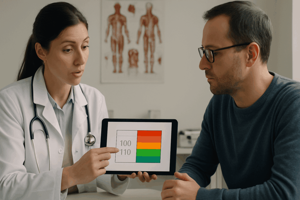 Medical professional using a tablet to explain blood pressure categories to a patient during a consultation about when chronic hypertension starts