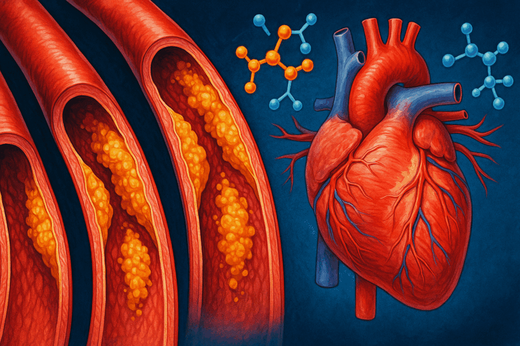 Narrowed arteries with plaque buildup and an overworked heart illustrating what happens when chronic hypertension starts