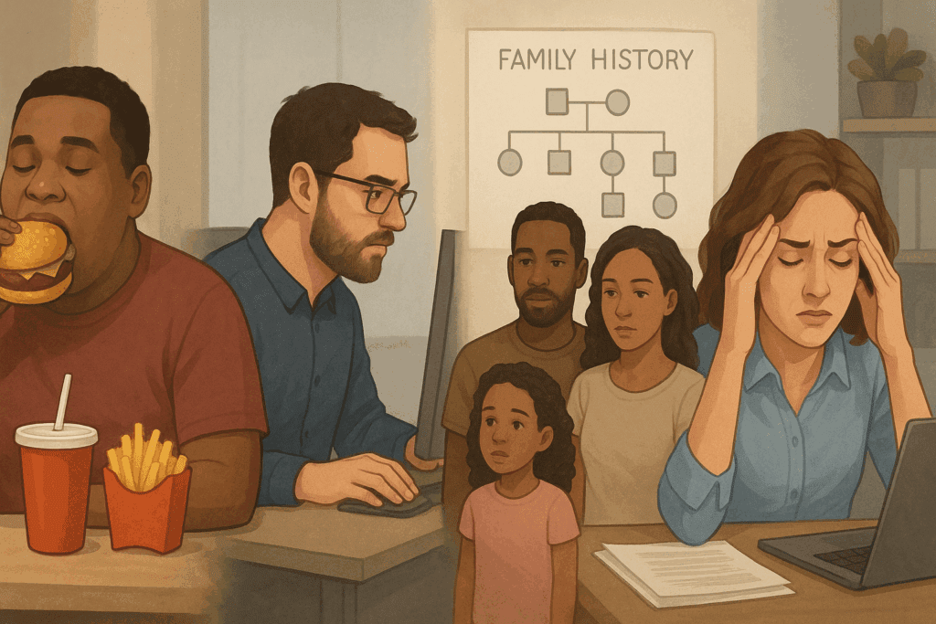 Diverse individuals in a composite scene illustrating when chronic hypertension starts—featuring fast food consumption, sedentary work, family health history, and workplace stress.