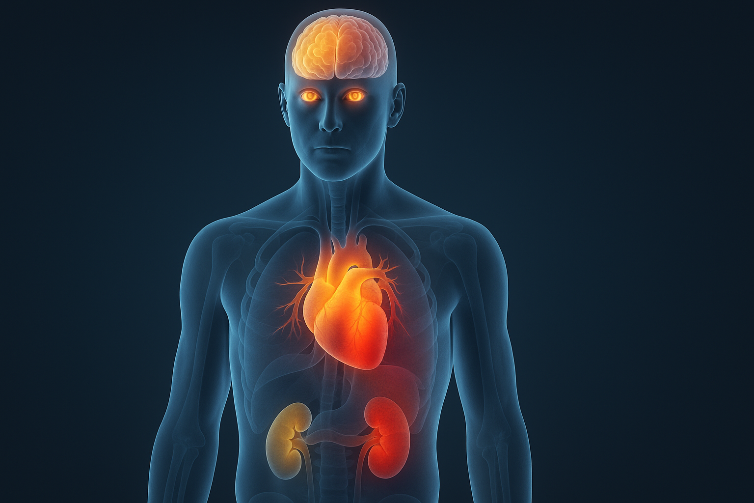 Human body illustration showing how organs like the heart, brain, kidneys, and eyes are gradually damaged when chronic hypertension starts.