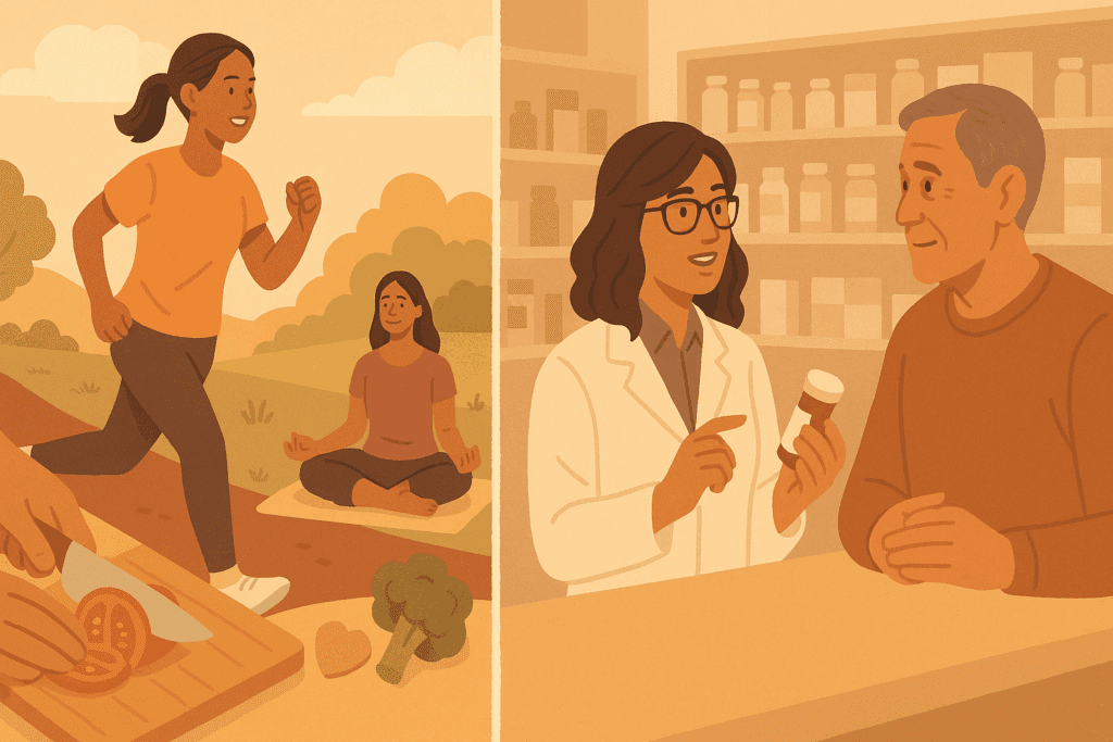 Split scene showing lifestyle and medical strategies used when chronic hypertension starts—one side features a woman jogging, healthy meal prep, and meditation, the other a pharmacist counseling a patient.