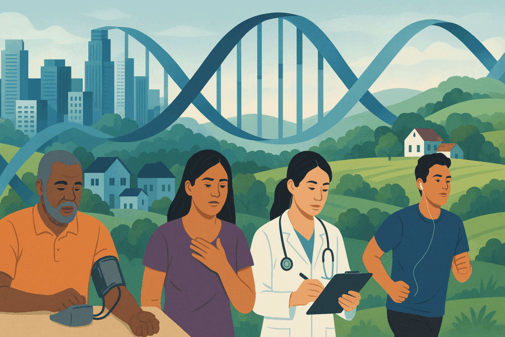 DNA strand flowing through city, suburb, and countryside with diverse individuals managing health, symbolizing when chronic hypertension starts.