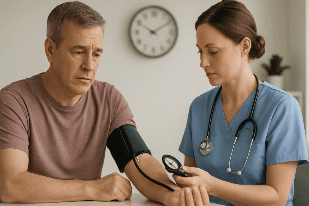 Middle-aged man having blood pressure checked by a nurse in a clinic, illustrating average age to start blood pressure medication.