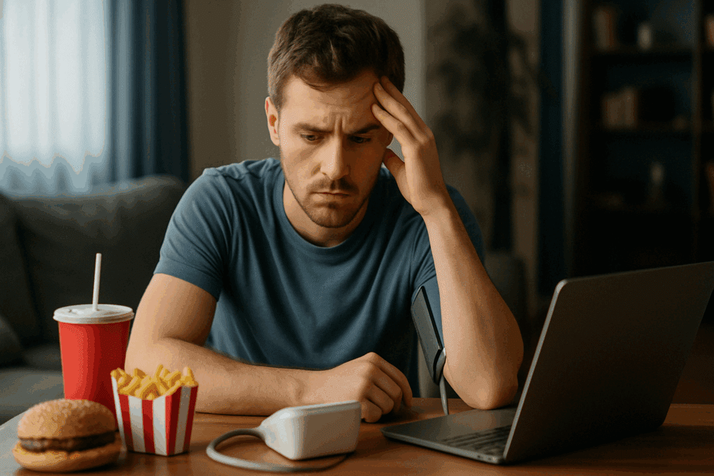 Young adult man checking his blood pressure at home surrounded by fast food and a laptop, illustrating stress and unhealthy habits linked to the average age to start blood pressure medication.
