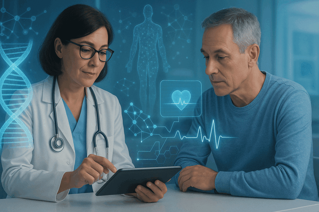 Doctor and patient reviewing biometric data on a tablet with holographic DNA and heart visuals, illustrating personalized care and the average age to start blood pressure medication.