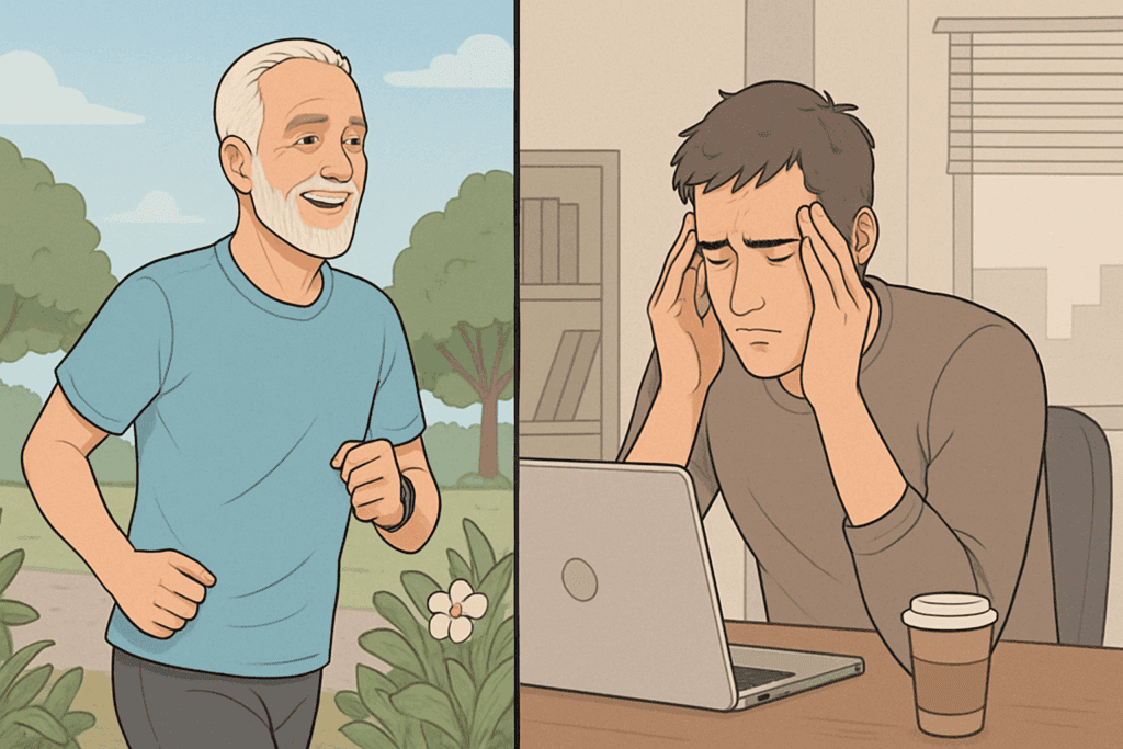 Older adult jogging outdoors beside younger man indoors with stress, illustrating that the average age to start blood pressure medication can vary by lifestyle