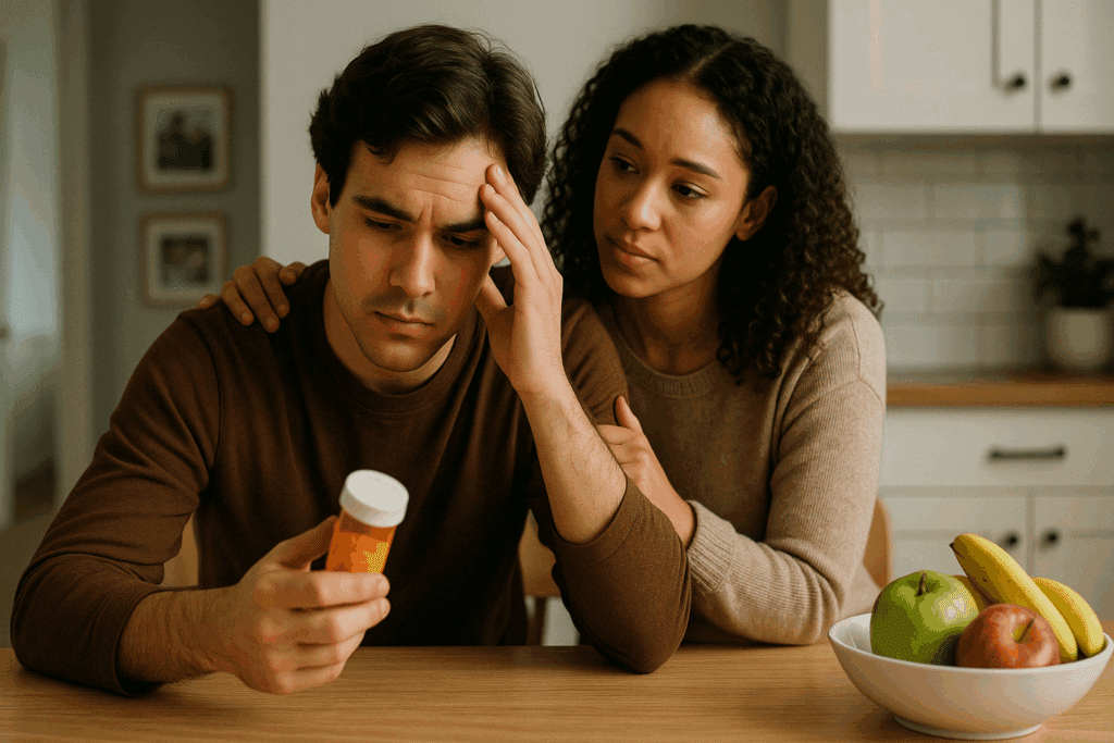 Young man contemplating a prescription bottle at a kitchen table with partner support, illustrating emotional impact around the average age to start blood pressure medication.