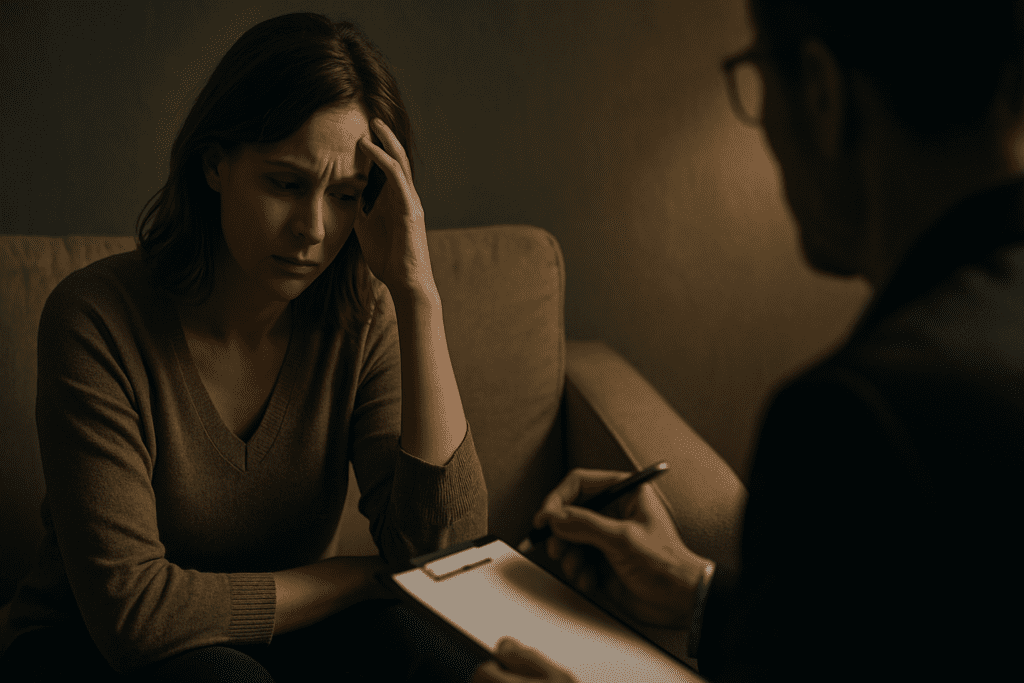 A photograph captures a light-skinned woman with short dark hair seated on a beige sofa in a warmly lit therapy room, her expression tense and reflective. The partially visible therapist holding a clipboard in the foreground reinforces the context of emotional stress management, visually emphasizing the connection between psychological factors and increased blood pressure risk.