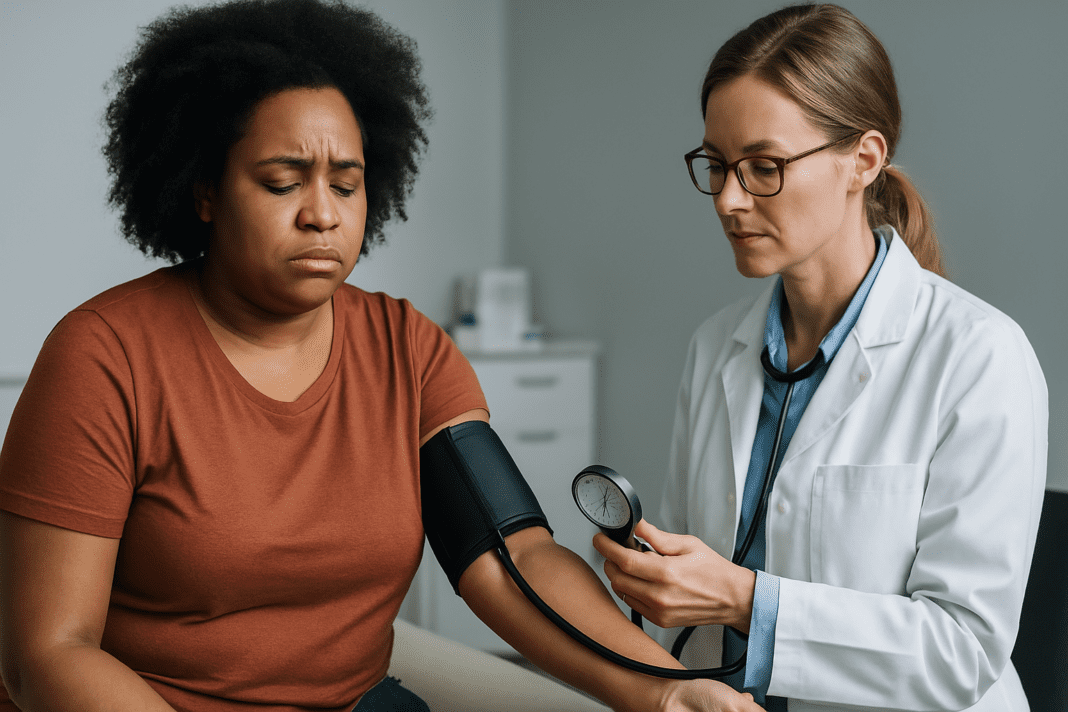 A photograph depicts a clinical examination room, brightly lit with cool fluorescent lighting, where a healthcare provider measures the blood pressure of a woman in her 30s wearing a rust-colored shirt. The sterile, professional environment and the focused expressions of both individuals reinforce the article's theme of identifying key factors that contribute to elevated blood pressure and cardiovascular risk.