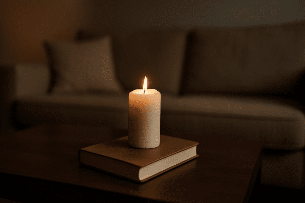 A photograph captures a lit white pillar candle with melted wax beside a closed brown notebook on a dark wooden table in a dimly lit interior. The warm candlelight casts soft, moody shadows that evoke introspection and emotional weight, symbolizing the theme of stress and its impact on cardiovascular risk and blood pressure.