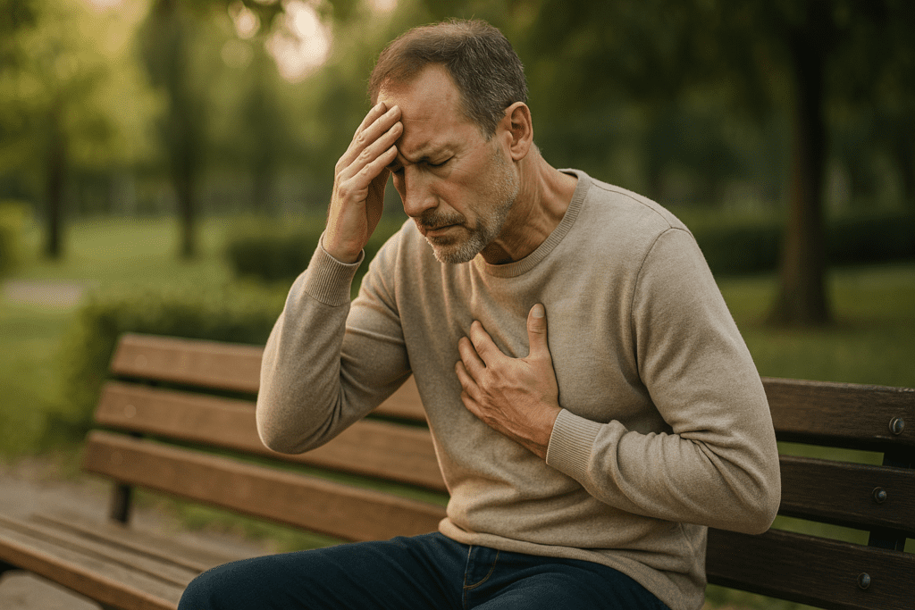 A photograph captures a Caucasian man in his 50s seated alone on a wooden park bench, his hand to his forehead and chest, visibly distressed. The soft morning sunlight casts a gentle glow over the natural greenery in the background, creating a serene yet emotionally weighty atmosphere that reflects the theme of cardiovascular risk and rising blood pressure due to stress.