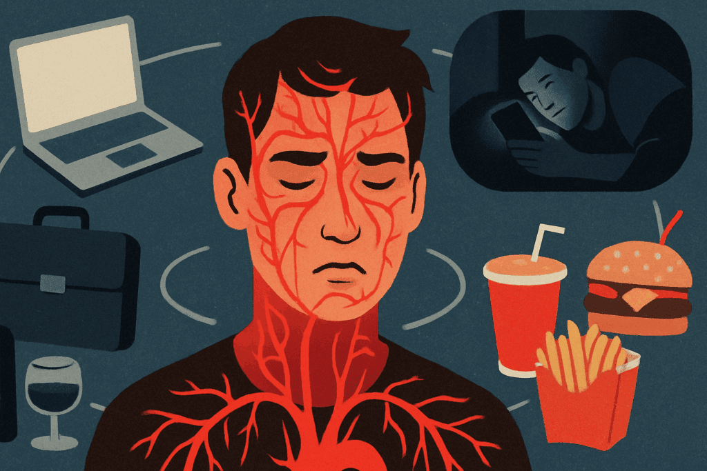Young adult surrounded by stressors like work, poor sleep, fast food, and alcohol, symbolizing internal strain and vascular tension—highlighting why do I have high blood pressure in my 20s.
