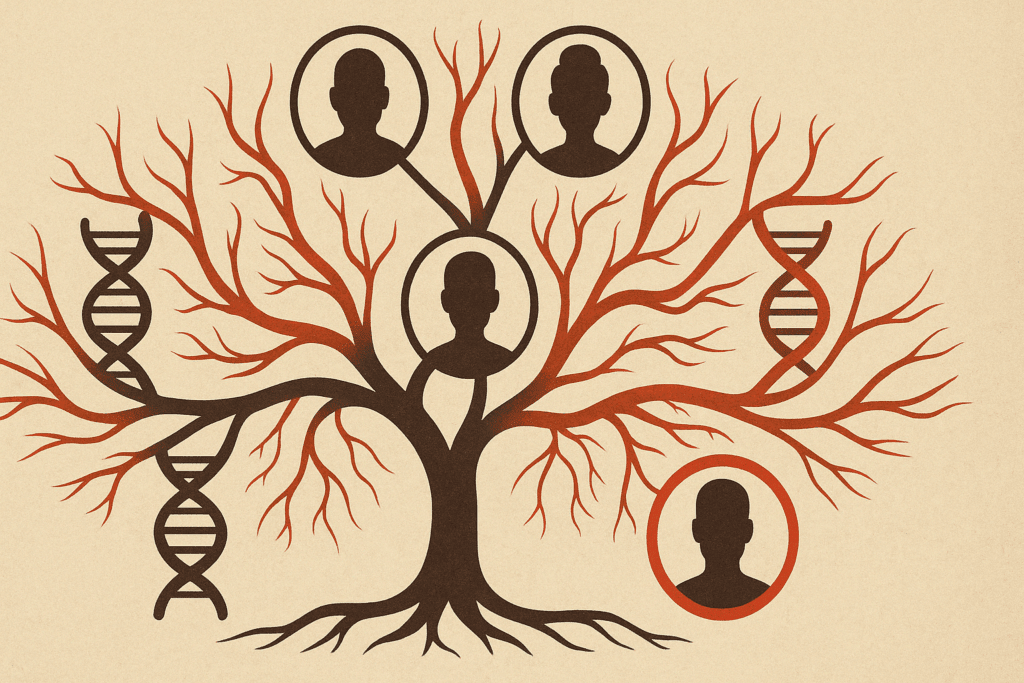 Symbolic family tree showing genetic links to hypertension with DNA strands and arteries, illustrating why do I have high blood pressure in my 20s