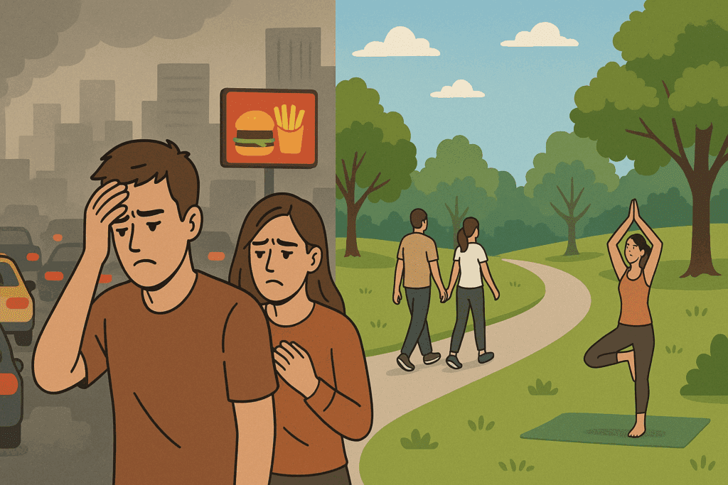 Split-screen scene showing the lifestyle contrast that may answer why do I have high blood pressure in my 20s—urban stress with pollution and fast food versus peaceful outdoor exercise in nature.