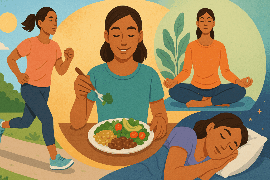 Young adult practicing healthy habits like jogging, eating well, meditating, and sleeping—addressing why do I have high blood pressure in my 20s with lifestyle changes.